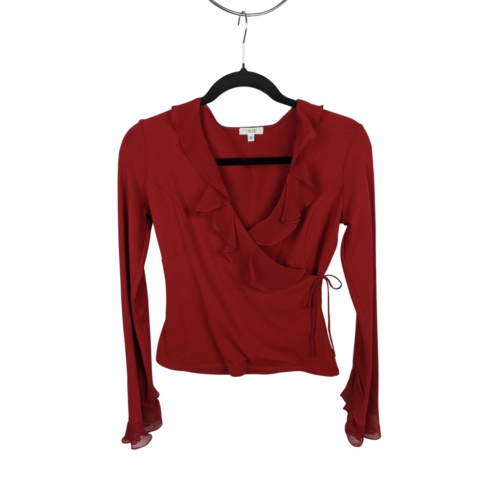 Cache Y2K Red Ruffle Wrap Top Silk Trim Long Sleeve V-Neck Small S USA Made